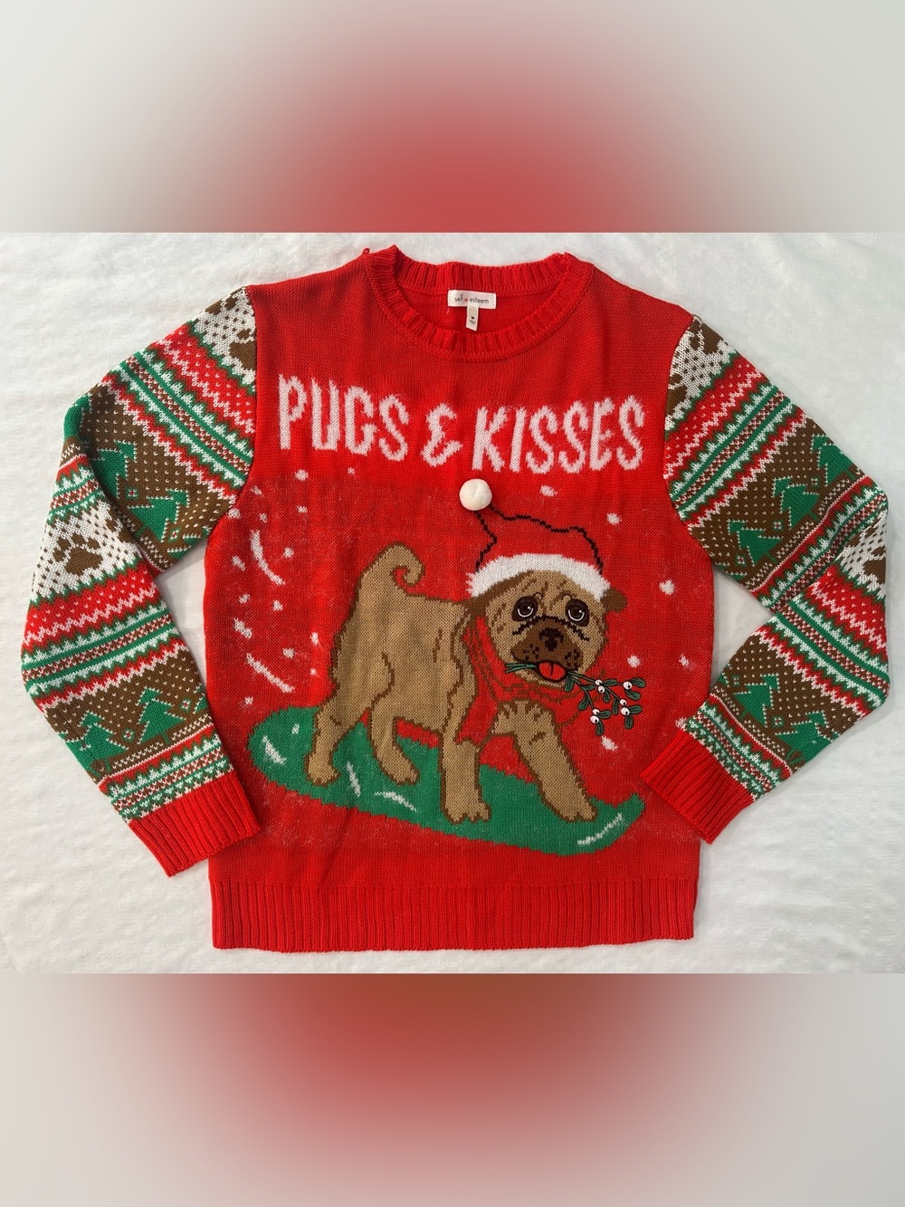 Self Esteem Red Pugs & Kisses Holiday Christmas Knit Dog Sweater & Scarf